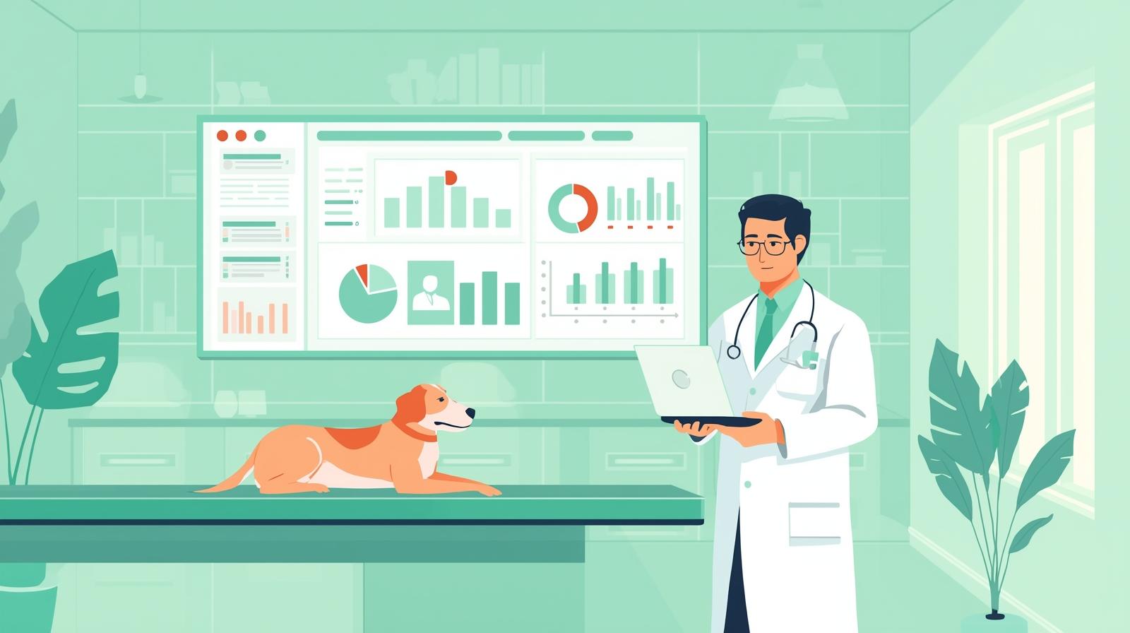 طبيب بيطري يستخدم نظام VetFlow لإدارة العيادة البيطرية
